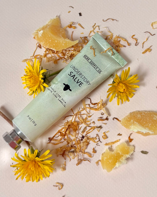 Hand cream tube labeled 'Understory Salve' surrounded by flowers and herbs on a light background